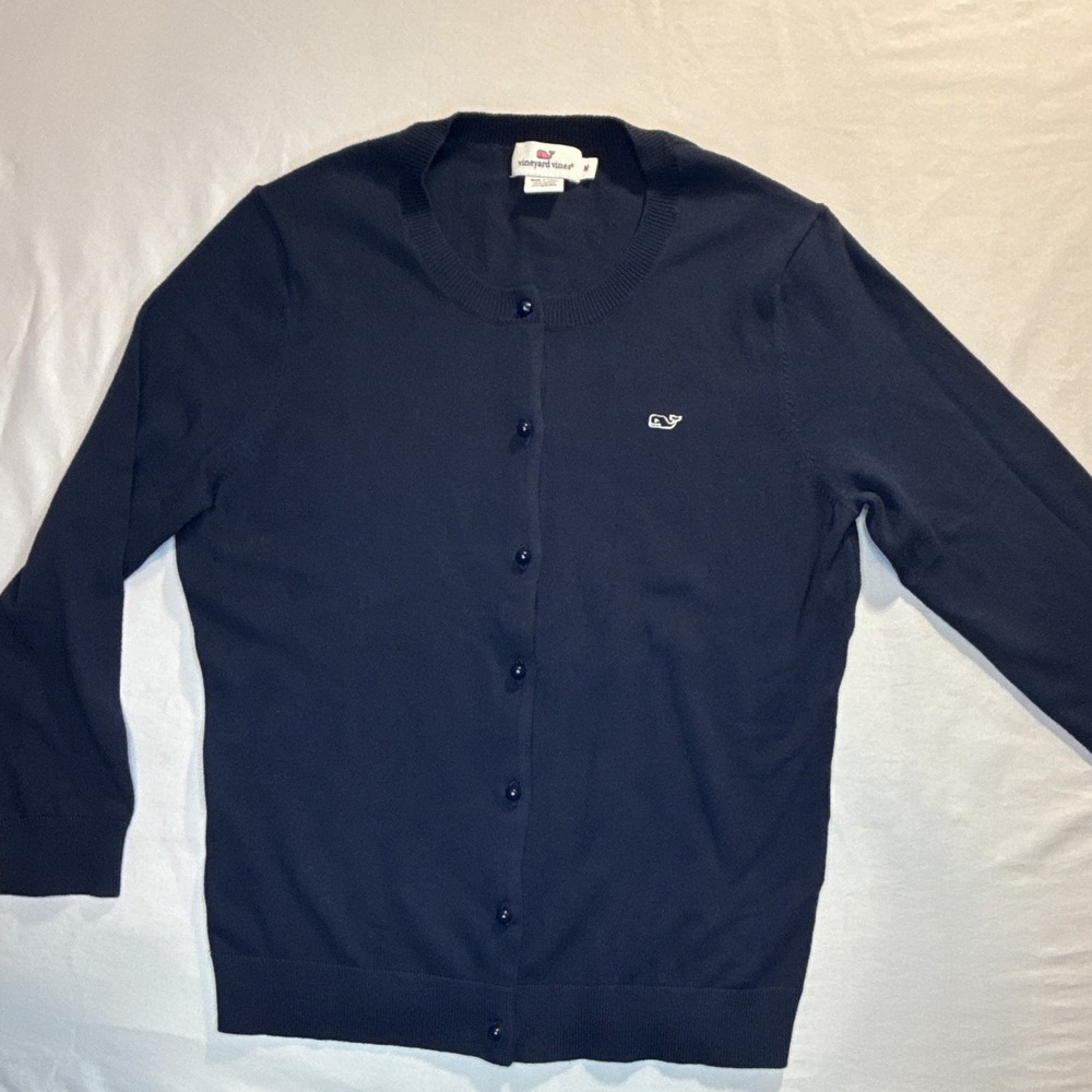 Vineyard Vines women's Navy Button Front Cardigan Sweater Crew Neck Whale M
